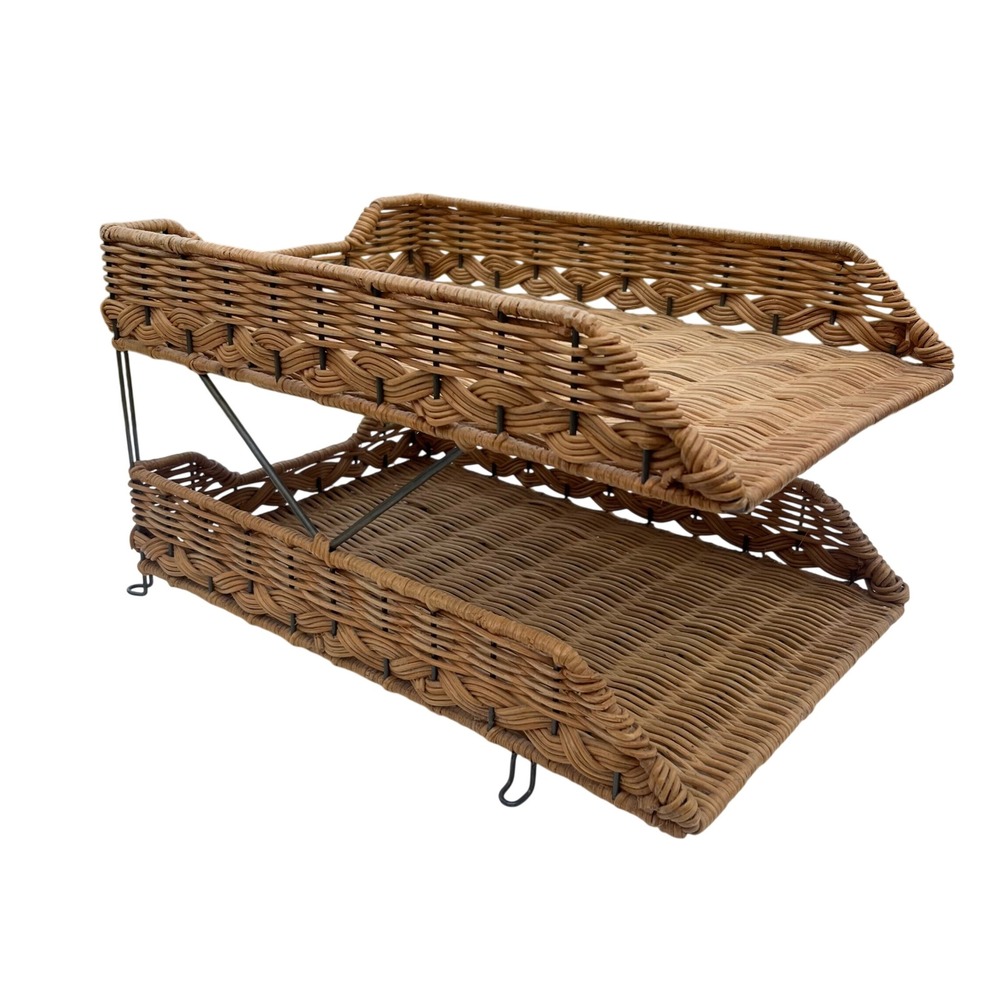 Vintage Wicker Rattan 2 Tier Letter Tray Desktop Document Organizer Brown Metal